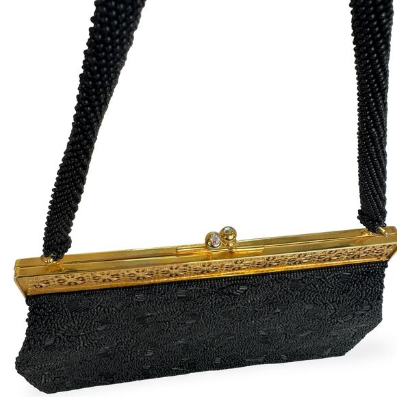 Vintage 1950s Black Beaded Hong Kong Evening Purse Gold Filigree AB Clasp - Picture 14 of 16